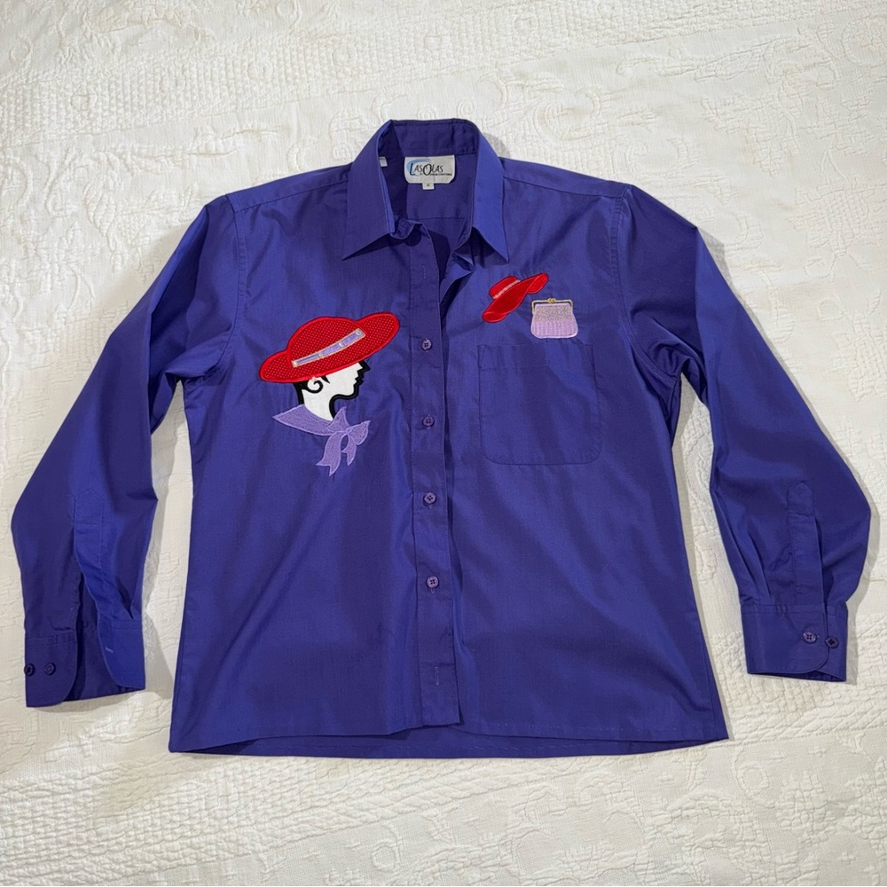 True Vintage Women's L/S Embroidered Red Hat Button Down Purple Shirt Las Olas S